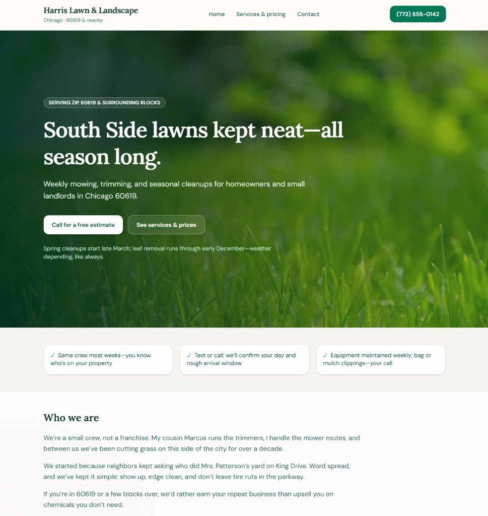 Harris Lawn & Landscape homepage with full-bleed hero and Chicago 60619 messaging