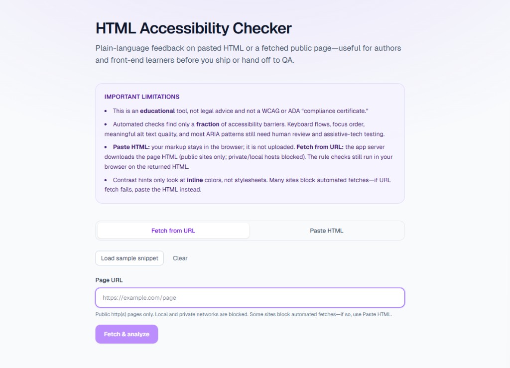 HTML Accessibility Checker UI showing Fetch from URL mode, limitations callout, and Fetch & analyze action